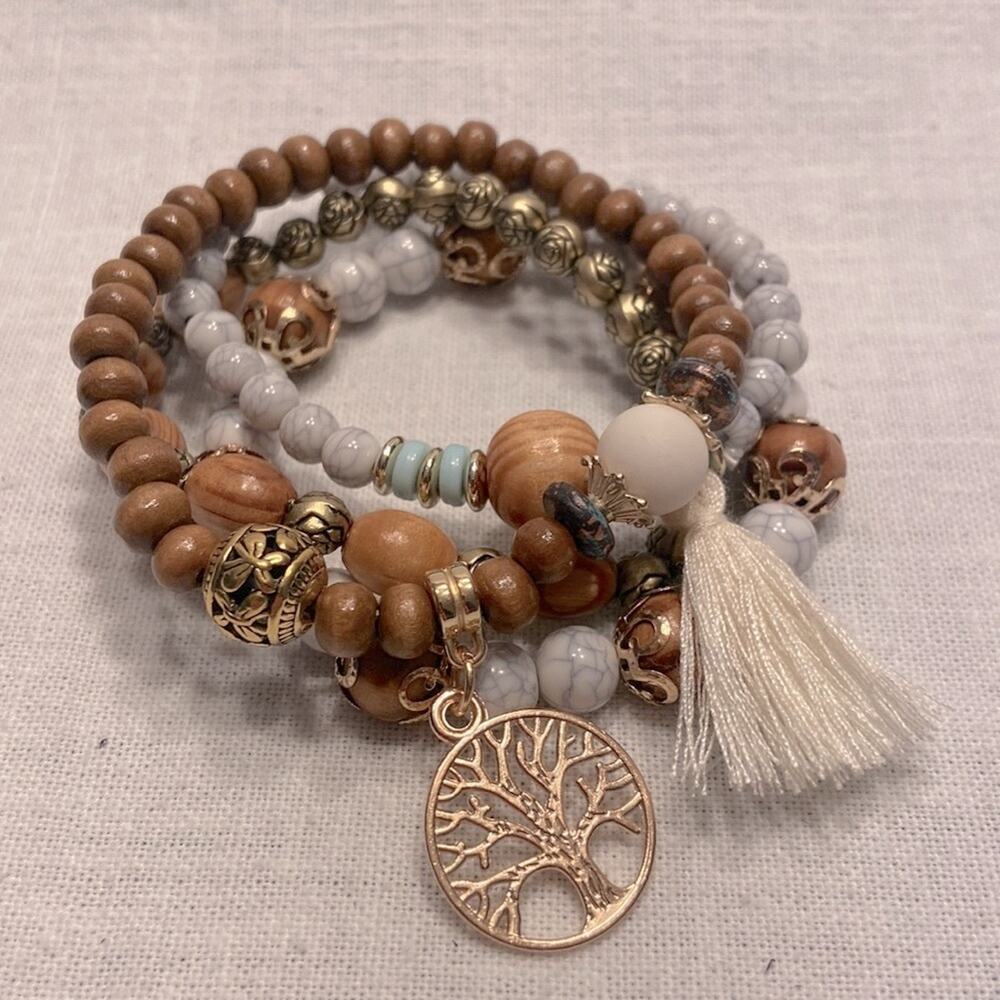 Sunshine Vibez Boho Bohemian Bracelet 4pc Stretch Beaded Tree of Life Charm New
